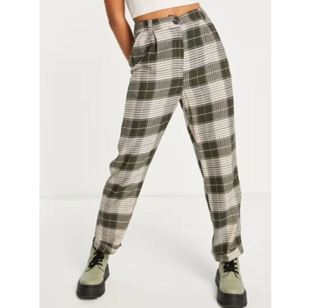 TOPSHOP NORDSTROM Women's Khaki-Green CoOrd Highwaisted Check Peg Trouser Size 4